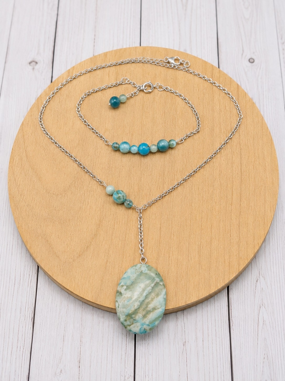 Blue & Green Stone Pendant Necklace with Matching Beaded Bracelet Set